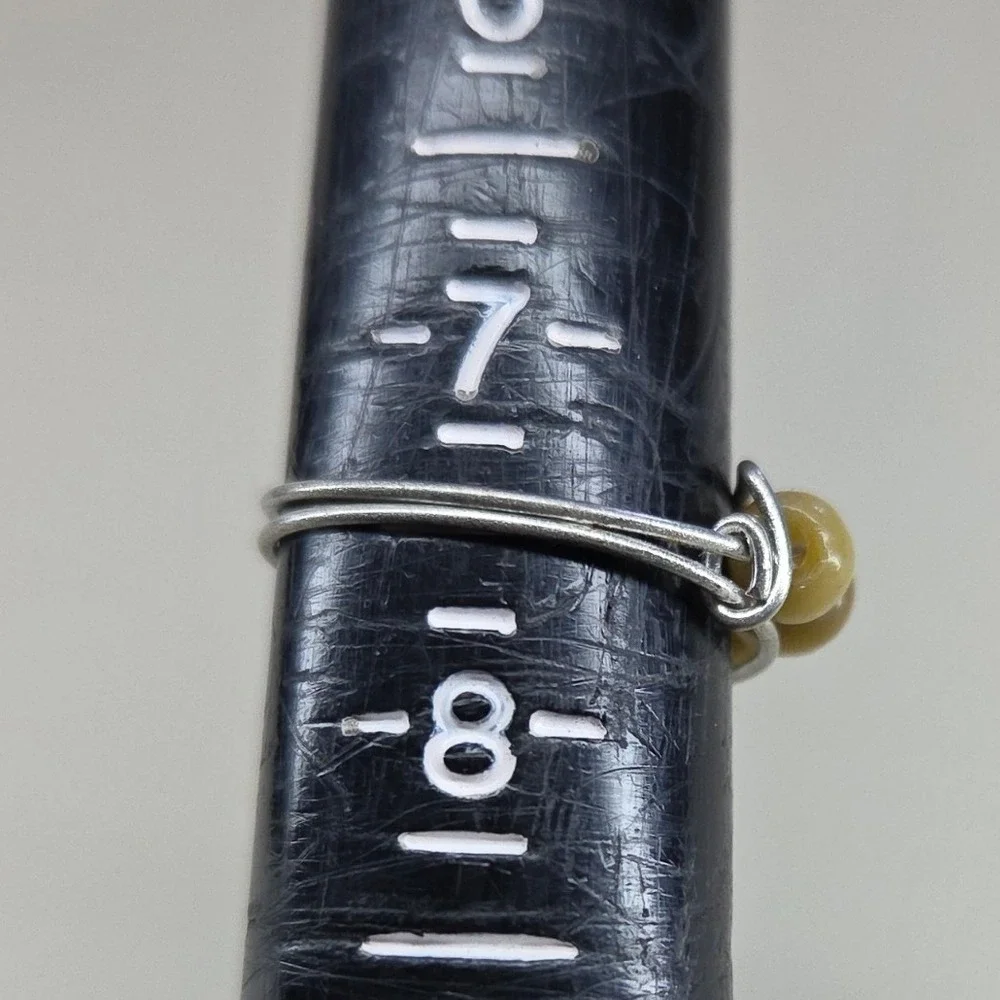 Handmade Wire Wrapped Ring Silver Tone Yellow Cat Eye Beads‎ Size 7.5 Boho